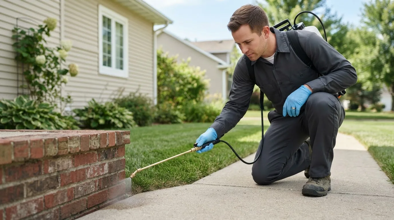 Pest control technician treating a home near Libertytown, MD